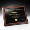 CT-1058 Walnut & Crystal Plaque, solid black walnut with bevelled crystal panel and gold print