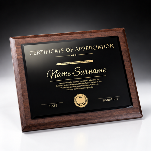 CT-1058 Walnut & Crystal Plaque, solid black walnut with bevelled crystal panel and gold print
