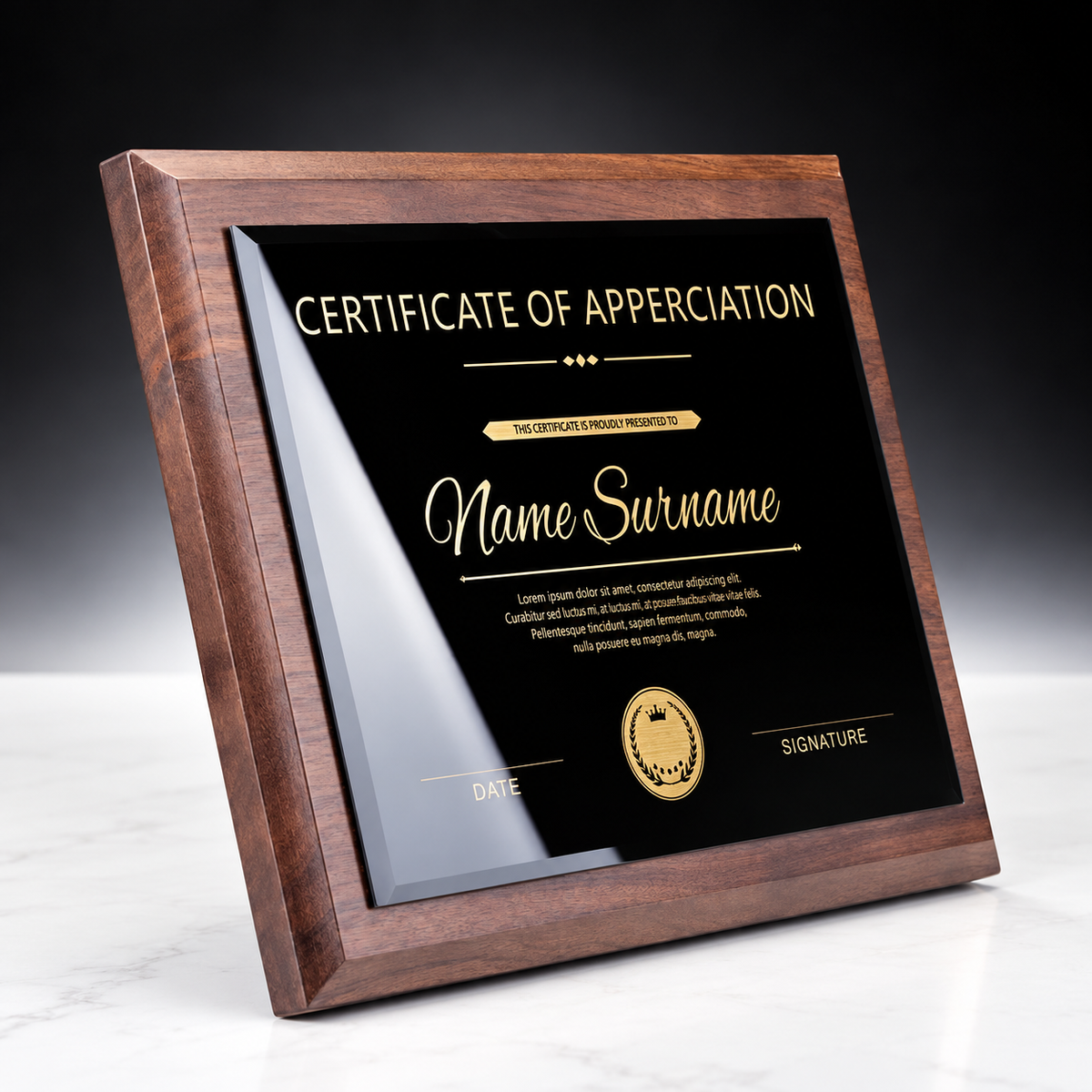 CT-1058 Walnut & Black Crystal Plaque, side view showing the solid walnut edge and crystal bevel