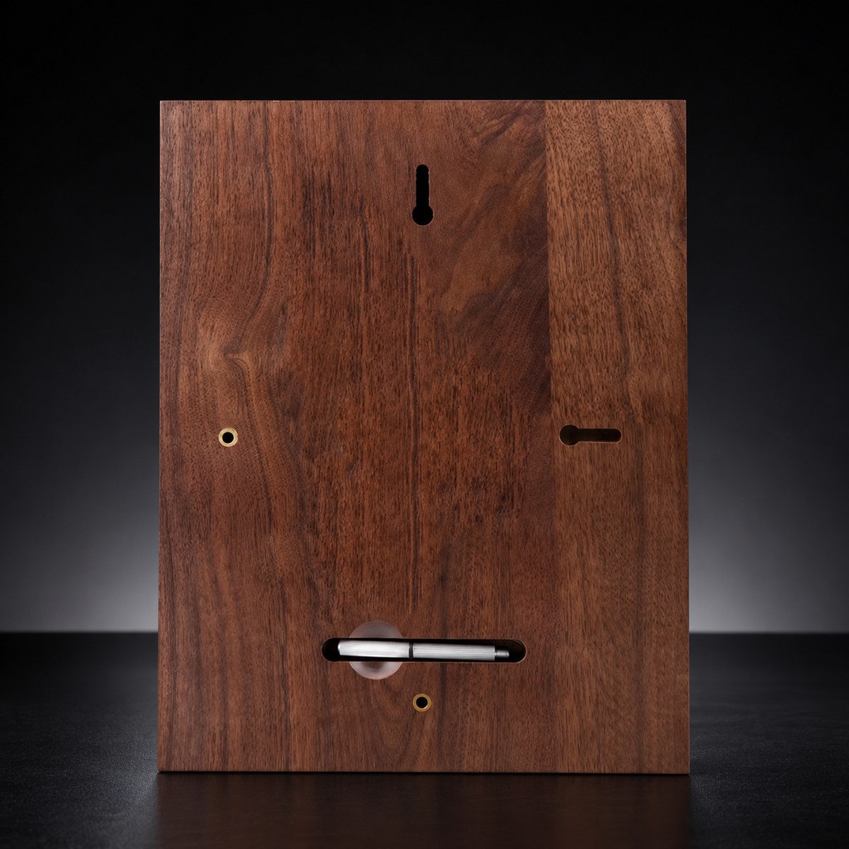 CT-1058 Walnut & Black Crystal Plaque, back view with keyhole hangers and built-in stand