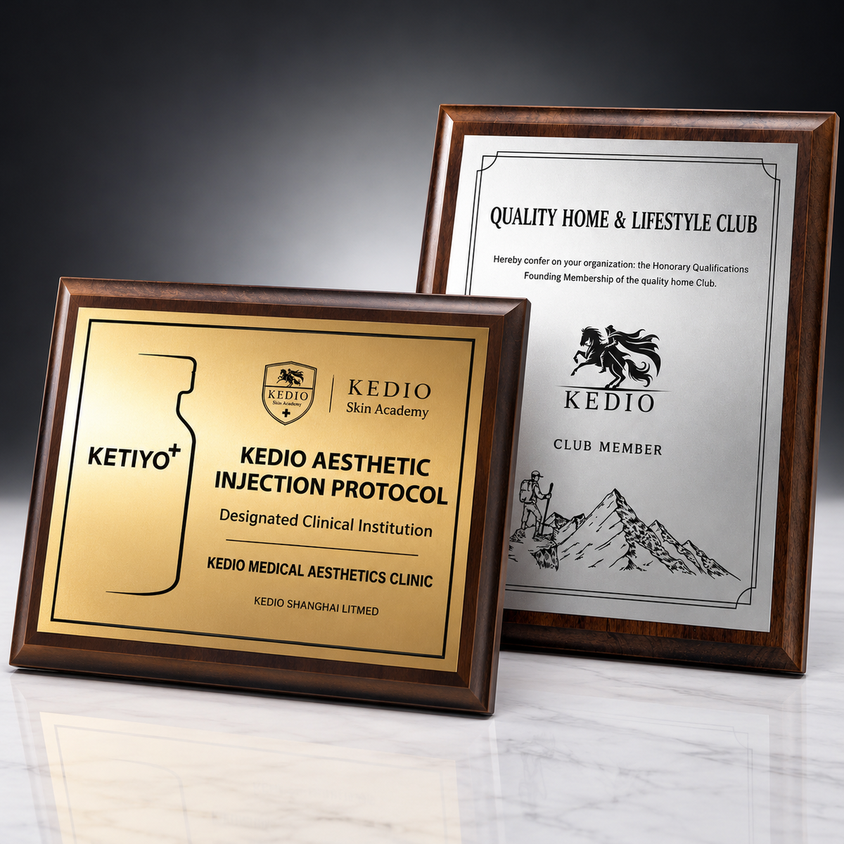 CT-1073 Walnut Plaque with gold and silver plates, custom printed with logo and citation