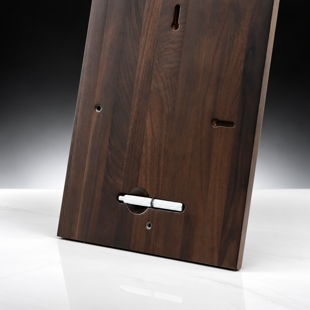 CT-1073 Walnut Plaque, back view with keyhole hangers and built-in stand