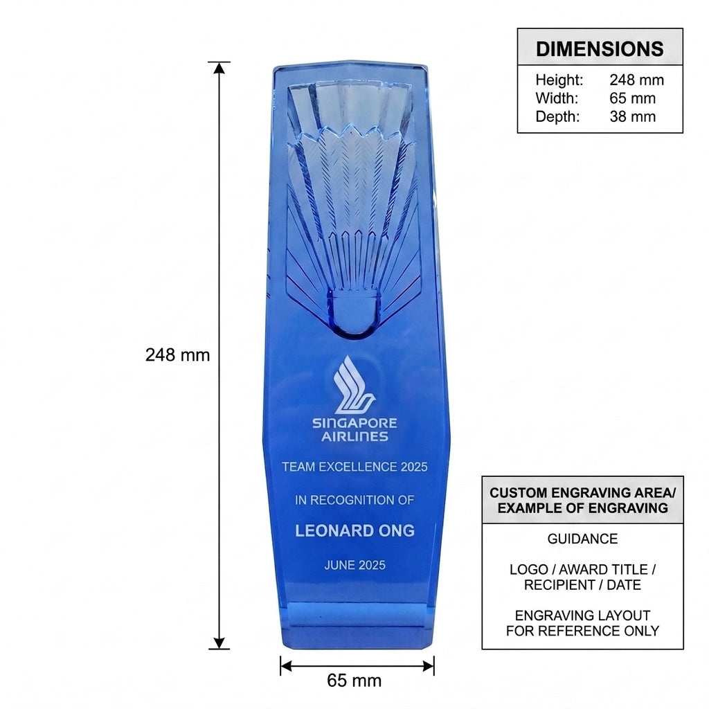 JB-1501 羽球之冠 / Badminton Champion — dimensions and engraving area