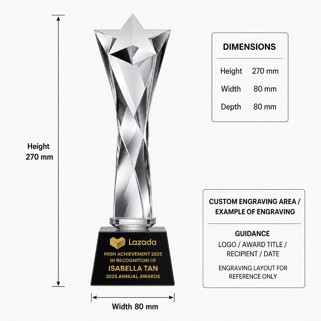 JC-1001D 扭柱五星 / Standard Crystal — Column — dimensions and engraving area