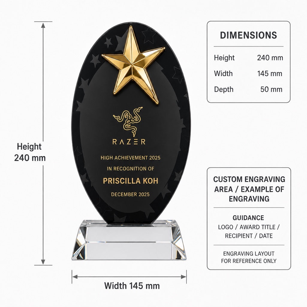 JC-1011 众星拱辰 / Standard Crystal — Star — dimensions and engraving area