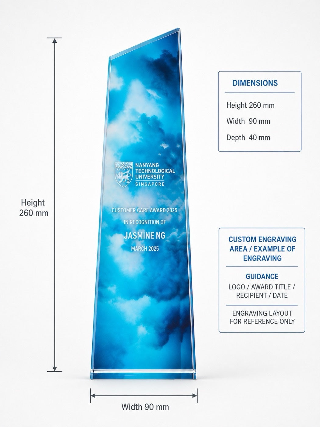 JC-1206 炫彩尖冰山 / Standard Crystal Edition — dimensions and engraving area