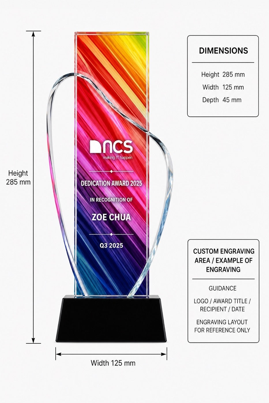 JC-1222 功勋榜 / Standard Crystal Edition — dimensions and engraving area
