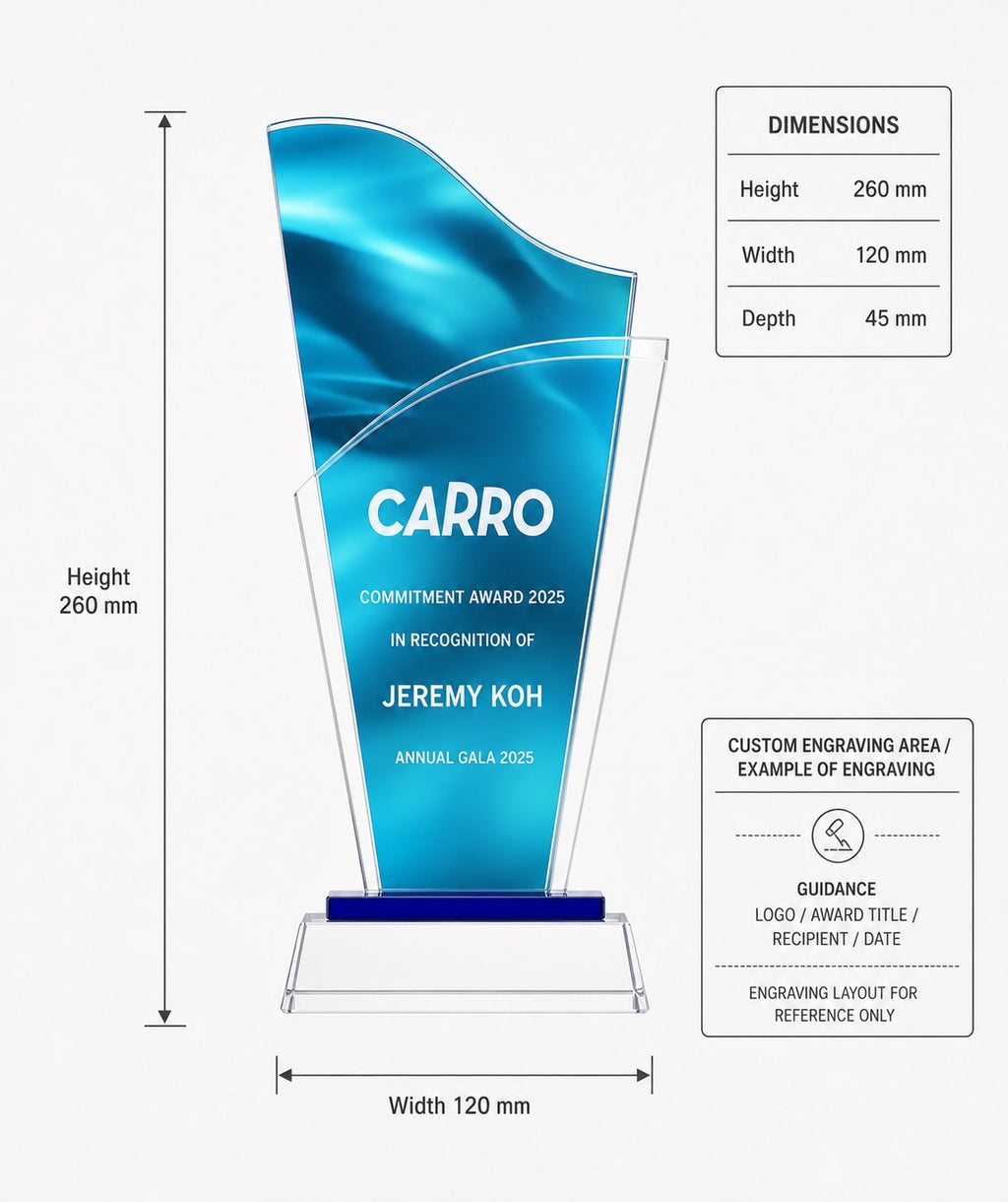 JC-1228 最佳奖杯 / Standard Crystal — Trophy — dimensions and engraving area