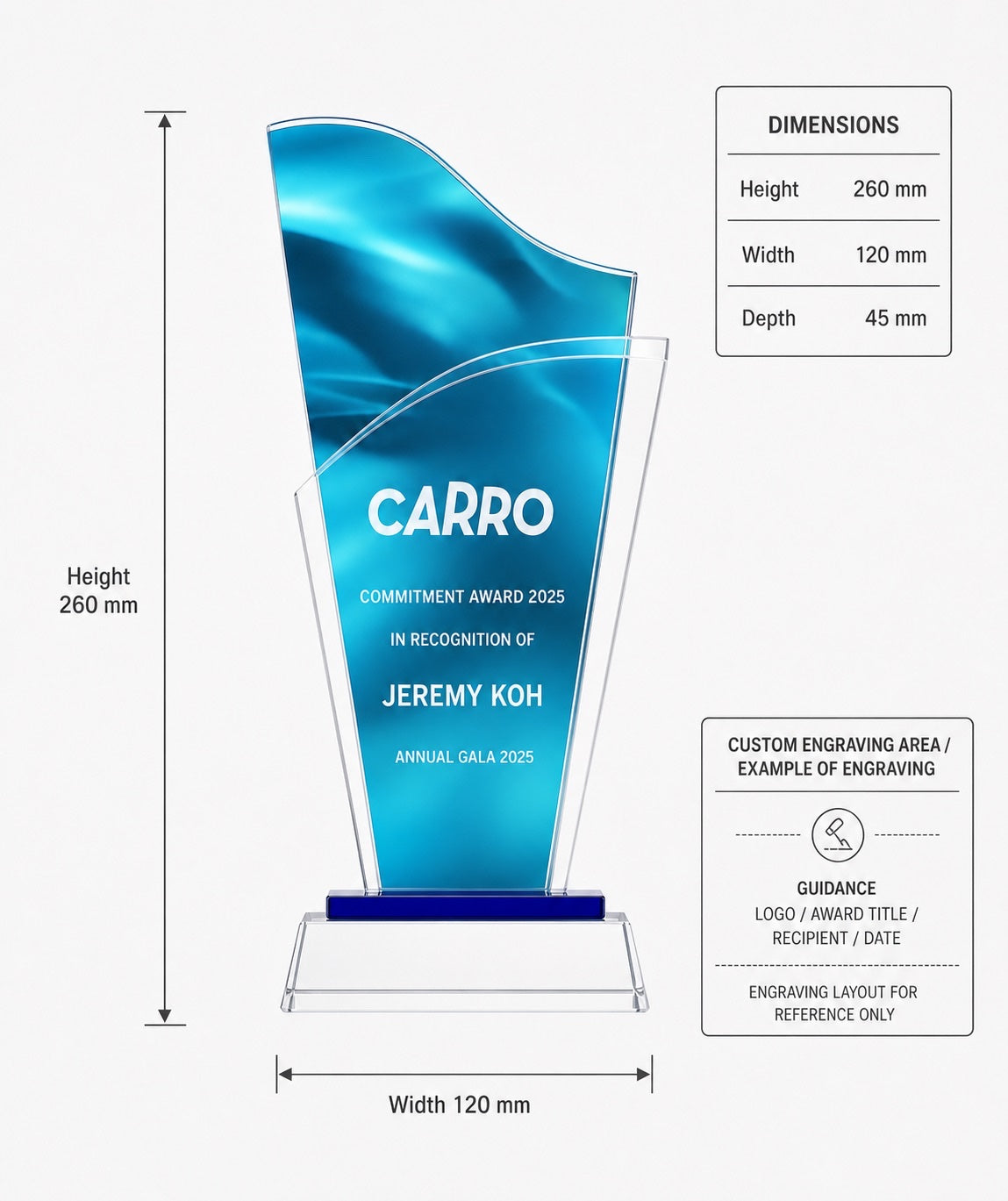 JC-1228 最佳奖杯 / Standard Crystal — Trophy — dimensions and engraving area