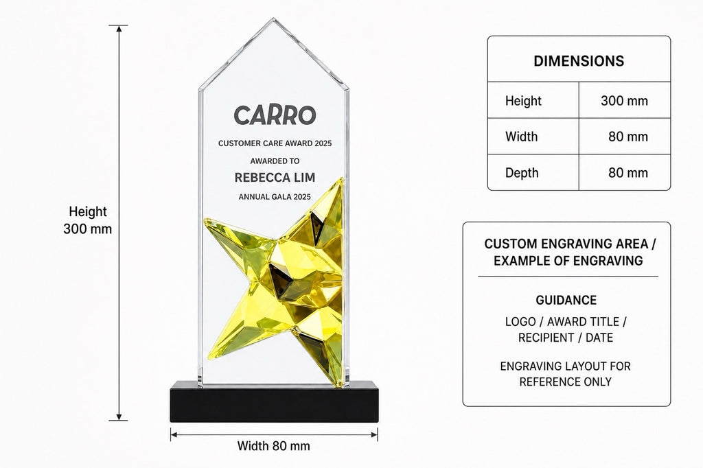 JC-1282A 五星 / Standard Crystal — Star — dimensions and engraving area