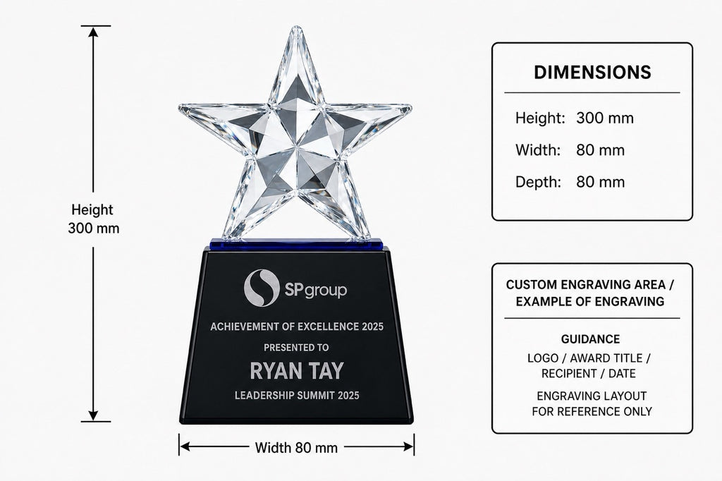 JC-1293A 镀彩五星 / Standard Crystal — Star — dimensions and engraving area