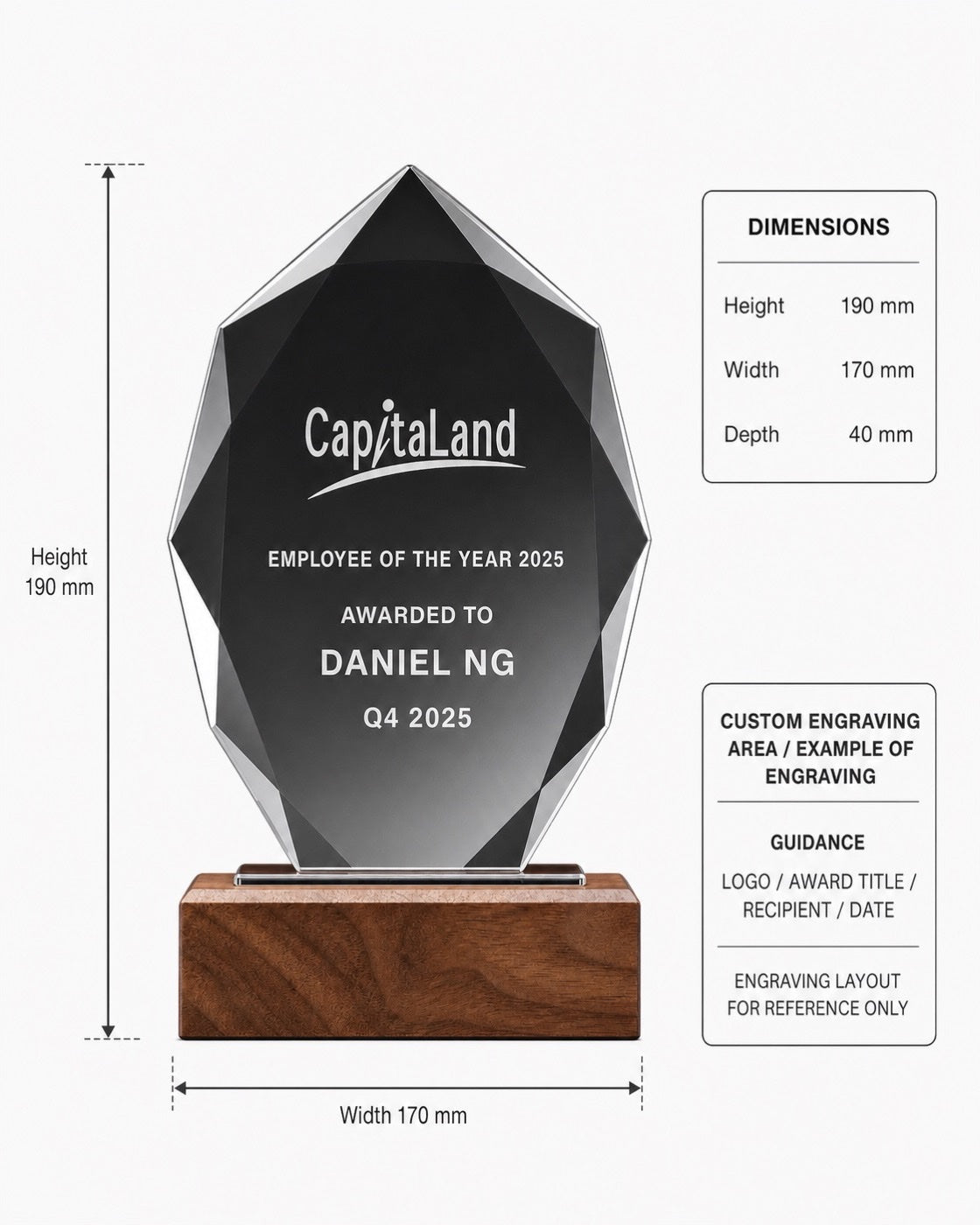 JC-1419B 晶木四方 / Standard Crystal Edition — dimensions and engraving area