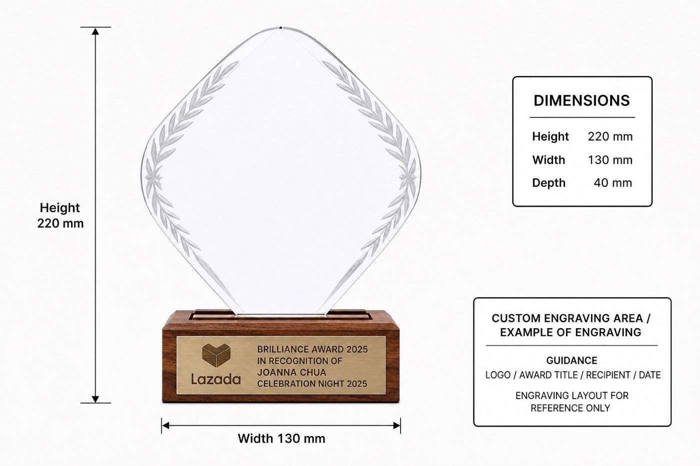 JC-1422 晶木斜四方 / Standard Crystal Edition — dimensions and engraving area