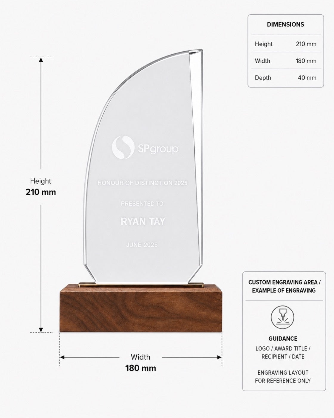 JC-1430 八角+金属麦穗-K5 / Standard Crystal Edition — dimensions and engraving area