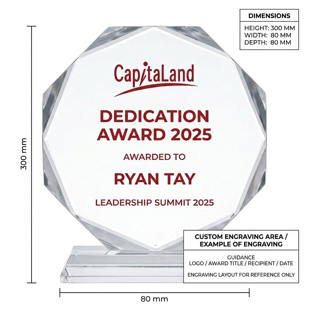 JC-2011 八角片奖牌 / Standard Crystal — Medal — dimensions and engraving area