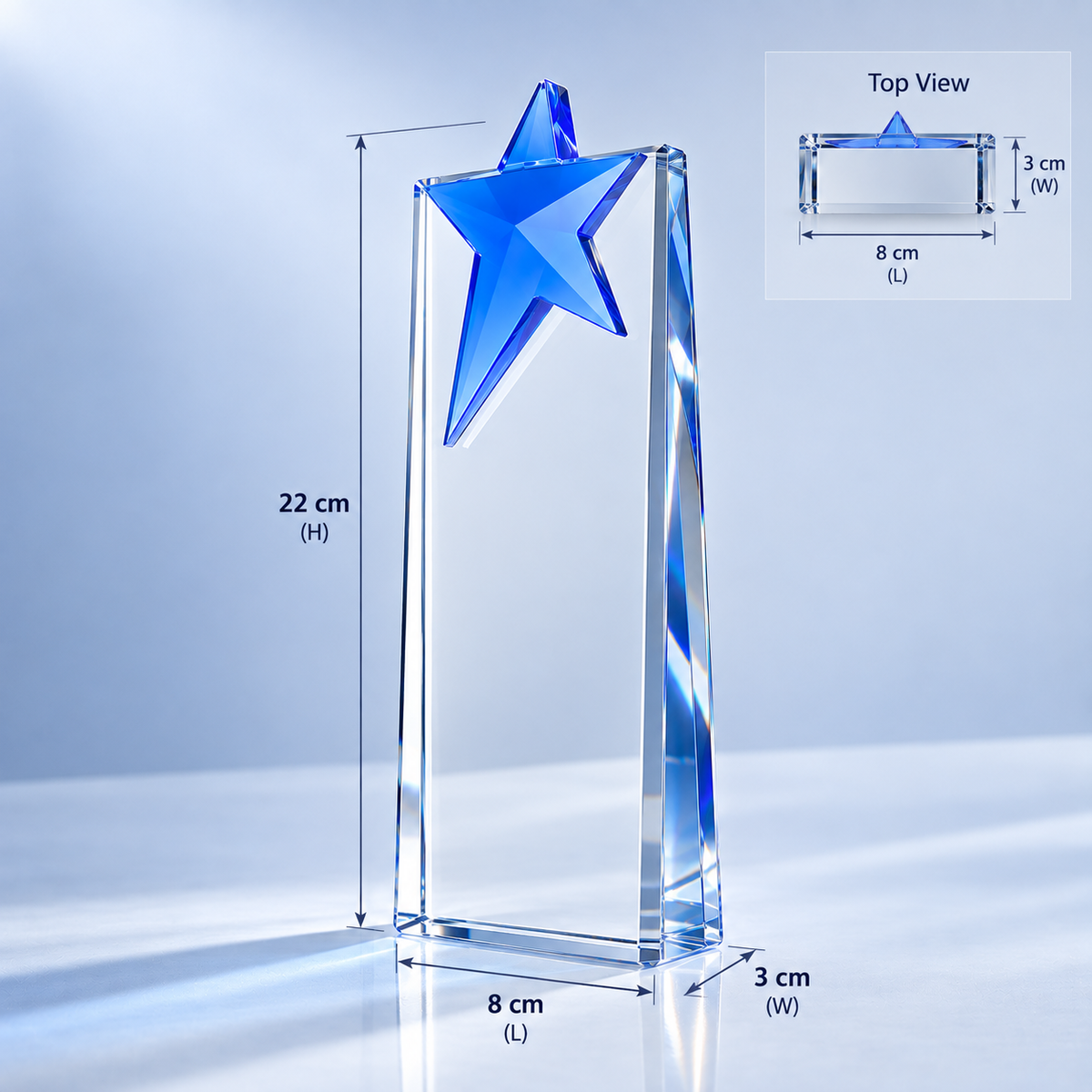 JC-5014 蓝星晶柱 / Standard Crystal — Blue Star — dimensions, 8 × 3 × 22 cm